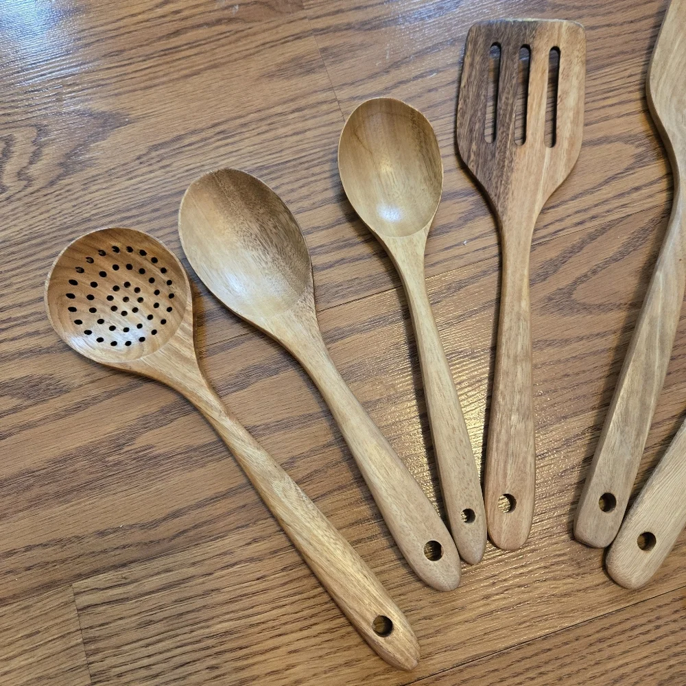 10 Pack Wooden Spoons for Cooking Teak Wood Kitchen Utensils Set Natural Boho
